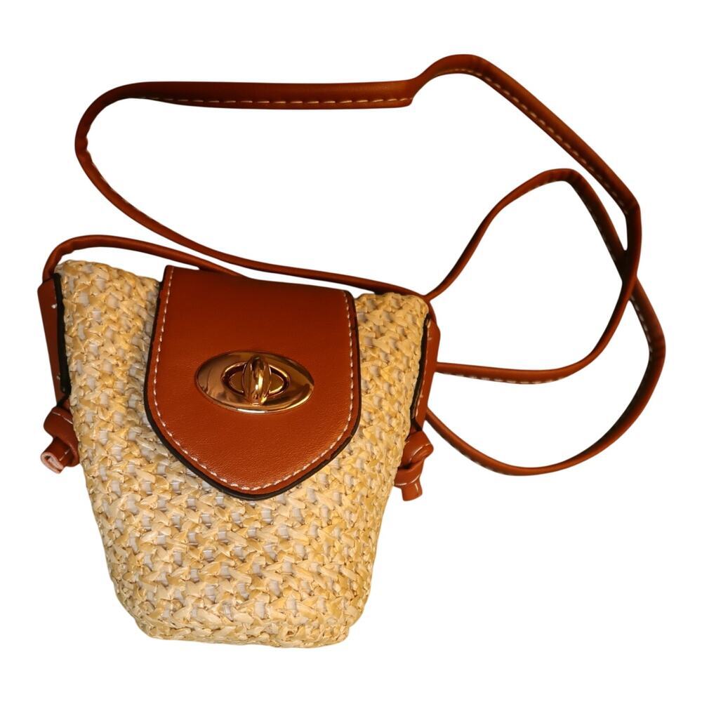 Raffia Woven Mini Crossbody Bag Turn Lock Brown Trim Straw Purse NWT - Picture 2 of 9